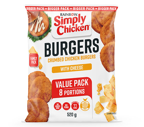 SIMPLY CHICKEN VALUE BURGERS CHEESE 520g